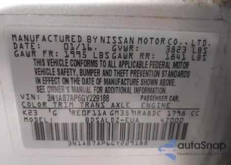 2016 Nissan Sentra Sv z USA, uszkodzony, nr VIN 3N1AB7AP6GY229188